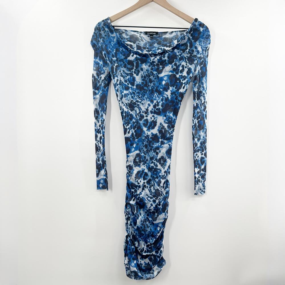 Vintage Y2K Bebe‎ Sheer Mesh Long Sleeve Midi Dress in Blue Print Size Small